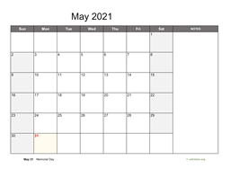May 2021 Calendar with Notes
