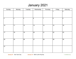 Monthly Basic Calendar for 2021