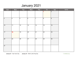 Monthly 2021 Calendar with Notes