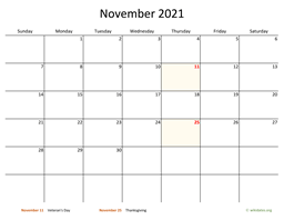 November 2021 Calendar with Bigger boxes