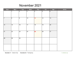 November 2021 Calendar with Notes