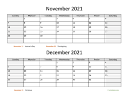 November and December 2021 Calendar