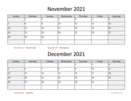 november and december 2021 calendar