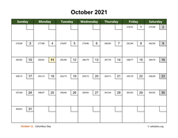 October 2021 Calendar with Day Numbers