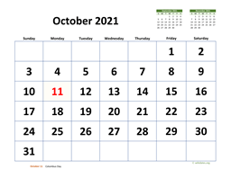 October 2021 Calendar with Extra-large Dates