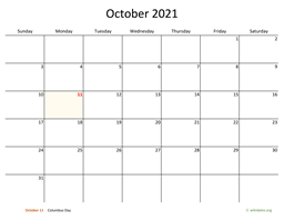 October 2021 Calendar with Bigger boxes