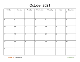 Basic Calendar for October 2021