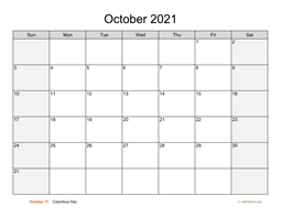 October 2021 Calendar with Weekend Shaded