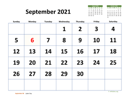 September 2021 Calendar with Extra-large Dates