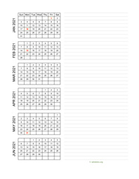 six months 2021 calendar vertical with notes