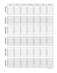 six months 2021 calendar vertical