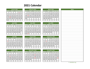 Yearly Printable 2021 Calendar with Notes