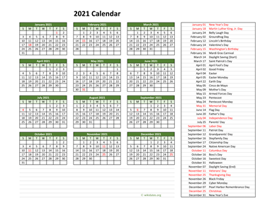 2021 Calendar with US Holidays