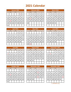 Full Year 2021 Calendar on one page
