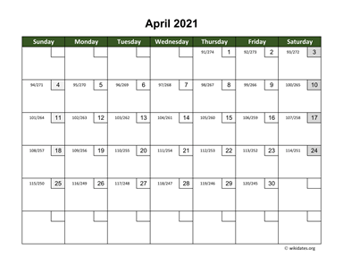 April 2021 Calendar with Day Numbers