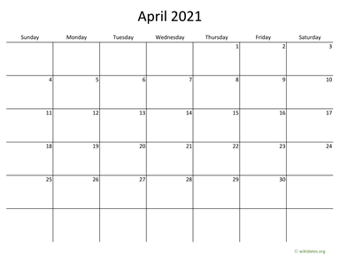 April 2021 Calendar with Bigger boxes