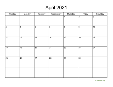 Basic Calendar for April 2021
