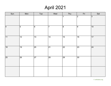 April 2021 Calendar with Weekend Shaded