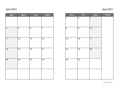 April 2021 Calendar on two pages