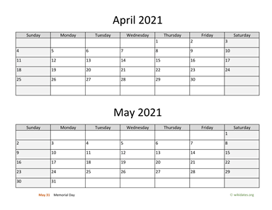 April and May 2021 Calendar Horizontal
