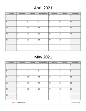April and May 2021 Calendar Vertical