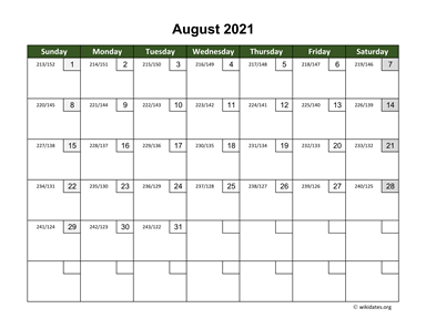 August 2021 Calendar with Day Numbers