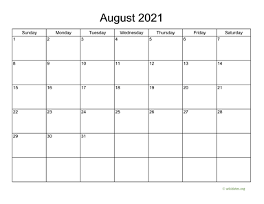 Basic Calendar for August 2021