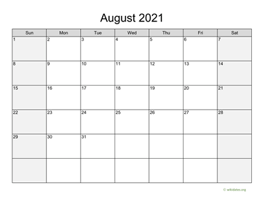 August 2021 Calendar with Weekend Shaded