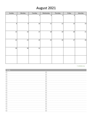 August 2021 Calendar with To-Do List