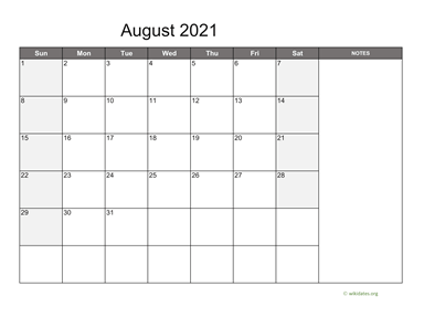 August 2021 Calendar with Notes
