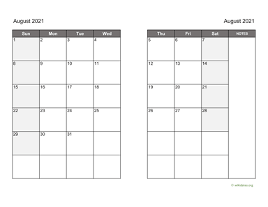 August 2021 Calendar on two pages