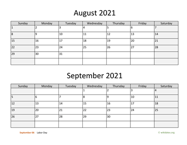 August and September 2021 Calendar Horizontal