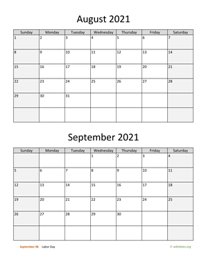 August and September 2021 Calendar Vertical