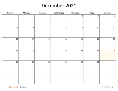 December 2021 Calendar with Bigger boxes