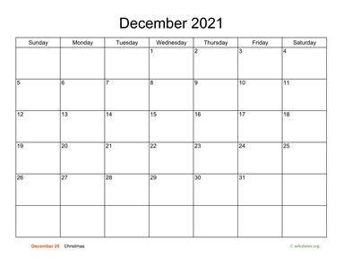Basic Calendar for December 2021