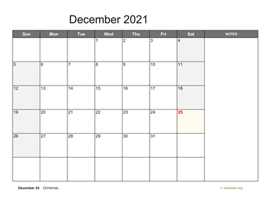 December 2021 Calendar with Notes