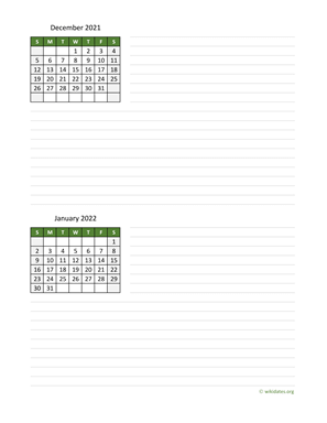 December 2021 and January 2022 Calendar with Notes