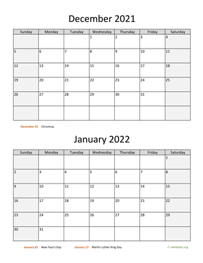 December 2021 and January 2022 Calendar Vertical