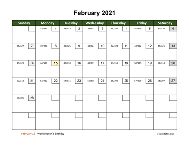 February 2021 Calendar with Day Numbers