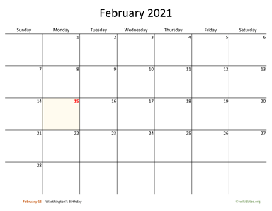 February 2021 Calendar with Bigger boxes