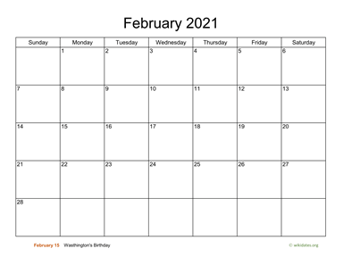 Basic Calendar for February 2021