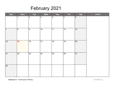February 2021 Calendar with Notes