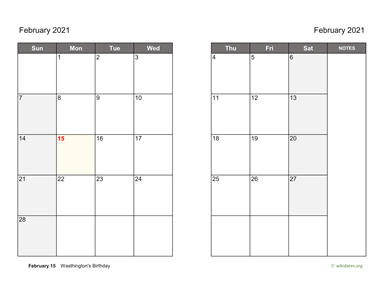 February 2021 Calendar on two pages