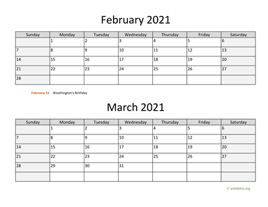 February and March 2021 Calendar Horizontal