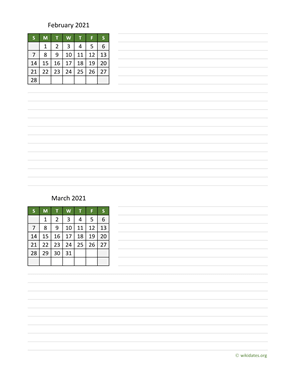 February and March 2021 Calendar with Notes