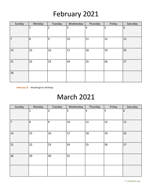 February and March 2021 Calendar Vertical