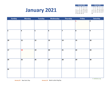 January 2021 Calendar Classic
