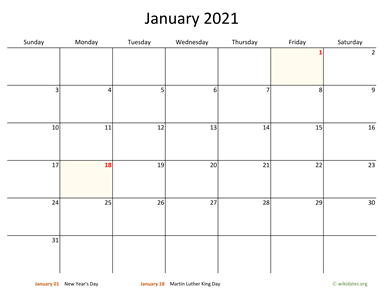 January 2021 Calendar with Bigger boxes