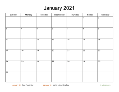 Basic Calendar for January 2021