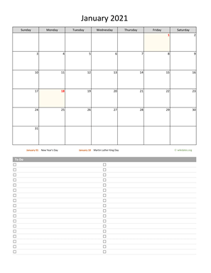 January 2021 Calendar with To-Do List